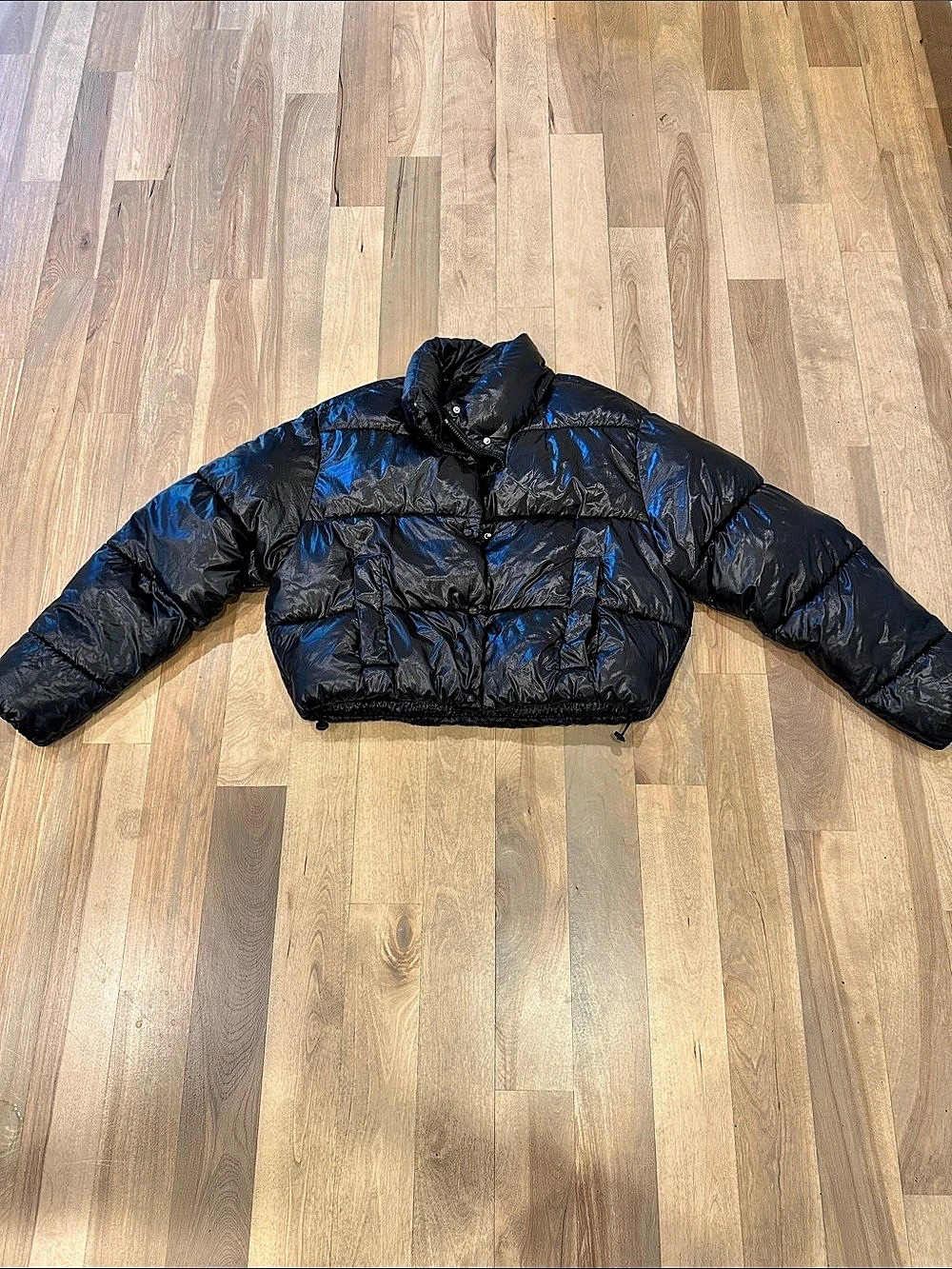 Zara Shiny Cropped Puffer Jacket in Black & Blue Size Large E
